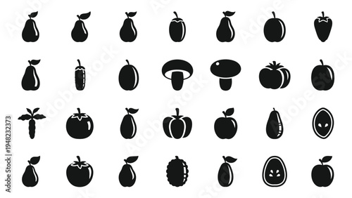A comprehensive collection of diverse fruit icons in black and white silhouette style for various design applications