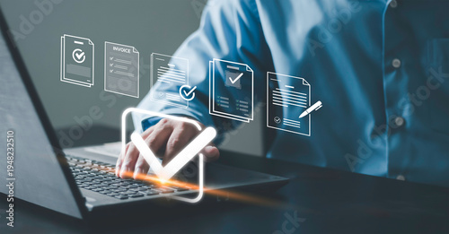 Audit, document verification, compliance review, and quality control process. Businessman using laptop check digital document with signature and checkmark icons.