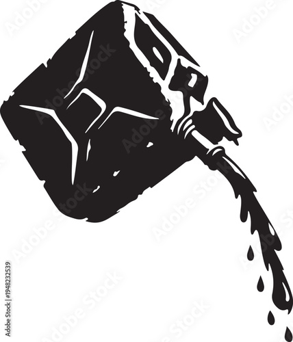 Silhouette of rusty petrol can tilted pouring out