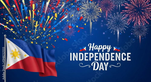 Philippine independence day celebration with fireworks and flag