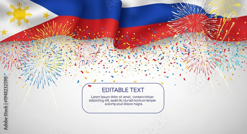 Philippine flag with colorful fireworks and confetti on white background for celebration