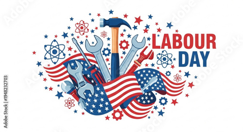 Labour day graphic with tools and american flag celebrating workers and labor rights