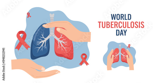Illustration of hands holding lungs with a stethoscope on World Tuberculosis Day for tuberculosis awareness and lung health campaign