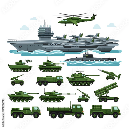 Comprehensive illustration of modern military equipment and naval assets