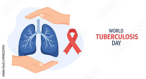 Illustration of hands holding lungs with a red awareness ribbon for World Tuberculosis Day, promoting lung health and healthcare
