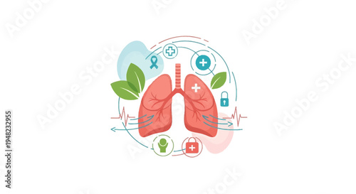 Illustration of lungs surrounded by medical icons and green leaves for tuberculosis awareness and lung health campaign with a blue and pink design on a white background