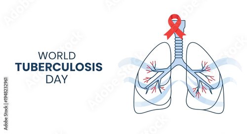 Vector illustration of lungs with a red ribbon for World Tuberculosis Day and lung health awareness campaign against a white background