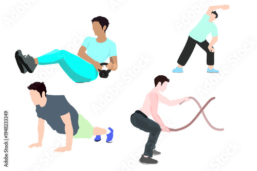 a collection of people doing exercise movements without a background