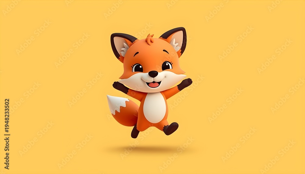 Obraz premium Cute 3D Cartoon Fox Jumping Colorful Kids Illustration