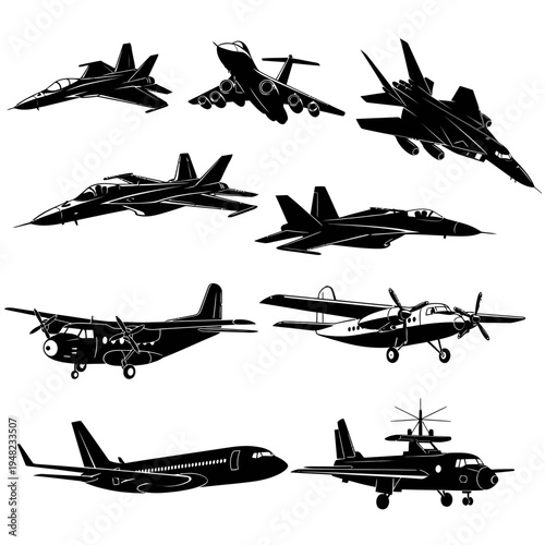 military aircraft fleet in flight flat design vector illustration