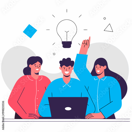 A collaborative team of young professionals brainstorming new creative ideas around a laptop screen