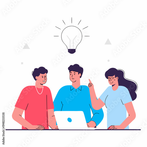 A team of three young people collaborating on a creative project with a bright idea lightbulb icon