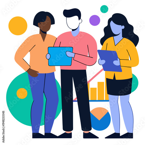 A professional team of three diverse individuals collaborating on a business strategy project task