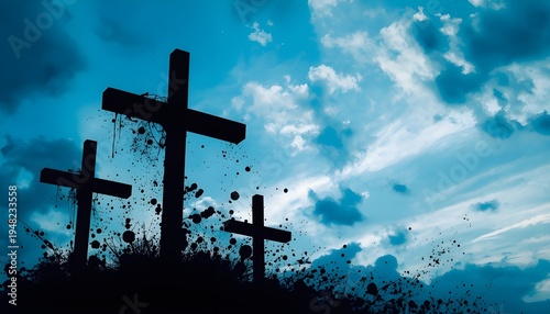 A dramatic landscape of three crosses silhouetted against a vibrant blue sky with clouds