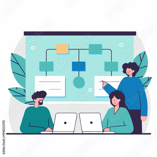 Professional team members collaborating on a project strategy using a visual flowchart presentation