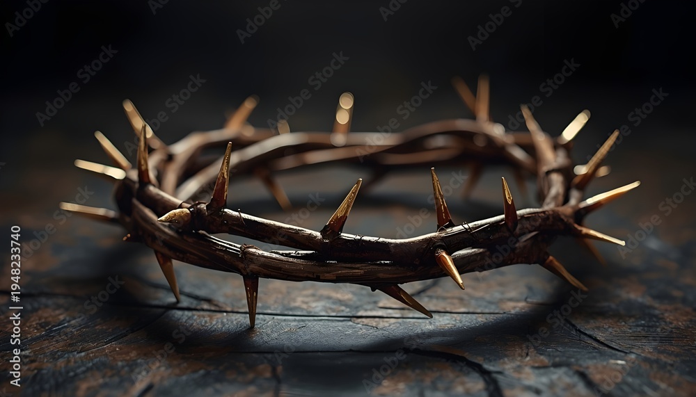 Fototapeta premium A crown of thorns sits on a dark wooden surface, symbolizing sacrifice and faith.