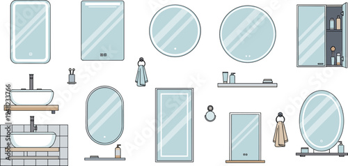 Bathroom Mirror Collection with Modern Vanity Mirrors Sink Shelf Towel Accessories Minimal Interior Design Vector Illustration Set