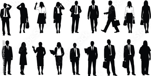 Silhouettes of Business Professional Men and Women in Suits Standing Walking and Gesturing for Corporate Office Staff and Leadership Concepts