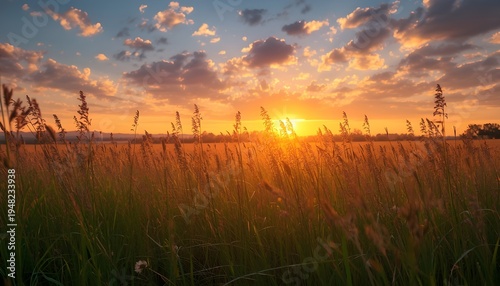 A serene landscape of a field at sunset with a vibrant sky and tall grass