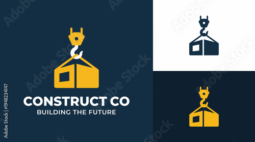 This logo for a construction company features a crane lifting a building, symbolizing strength, development, and the future of construction and infrastructure.