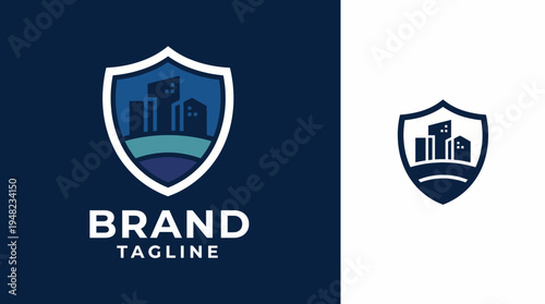 This logo design uses a shield with buildings inside, representing security and protection in the real estate market, ideal for property management or realty companies.