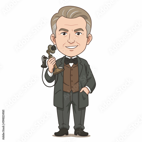 This cartoon-style illustration features an inventor smiling while holding a vintage telephone, reflecting innovation and nostalgia from a historical perspective.