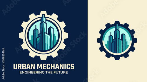 This logo design features a gear with a city skyline inside, symbolizing the fusion of urban development and engineering for a sustainable future in cities everywhere.