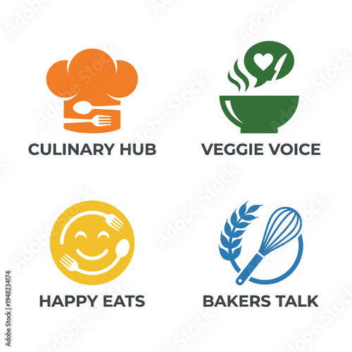 This collection of food-related icons showcases the culinary arts through symbols like a chef hat, bowl, smiling face, and whisk, appealing to all food lovers and chefs.