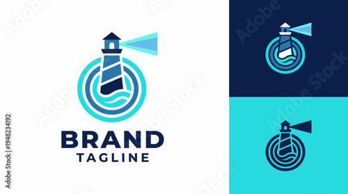 This logo features a lighthouse symbol surrounded by waves and circles, representing guidance and safety, perfect for brands focusing on direction, strategy, and assistance.