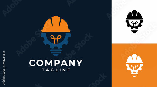 An industrial-themed logo featuring a helmet inside a gear, symbolizing construction and innovation, representing the company's commitment to safety and creativity in design.