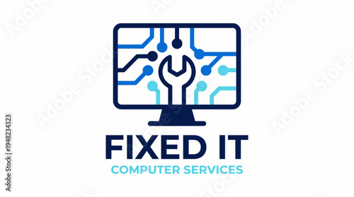 A modern logo for Fixed IT showcasing a computer with internal circuitry and a wrench, symbolizing reliable technology services and repair in the information technology sector.