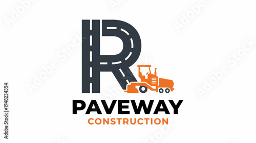 This construction logo features a stylized 'R' formed by a road design with construction machinery, emphasizing strength, reliability, and professionalism in the construction industry.