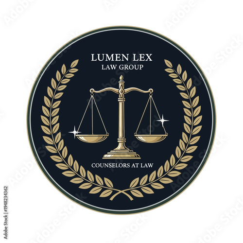Lumen Lex Law Group Emblem with Scales of Justice and Laurel Wreath, isolated white background