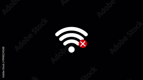 No wifi signal icon animation on transparent background. No internet, internet problems, Lost wi-fi network, Internet error, Broadcasting area with Wi-fi icon animation in  4k video with Alpha channel