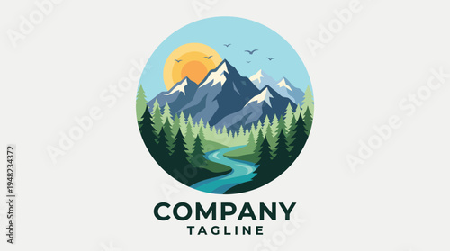 A beautiful landscape illustration featuring majestic mountains, a flowing river, and a bright sun, encapsulating the serenity and majesty of nature for a vibrant feel.