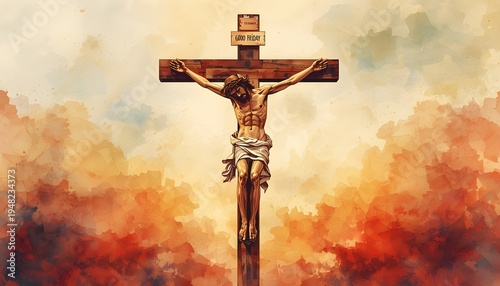 A painting of Jesus Christ on the cross with a dramatic cloudy background