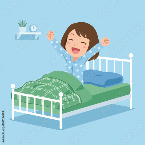 A joyful illustration of a young child waking up in bright pajamas, showing excitement and happiness as they stretch in a comfortable bed.