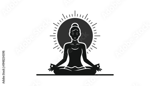Minimal yoga meditation silhouette vector illustration featuring a woman sitting in a lotus pose with a calm and balanced posture.