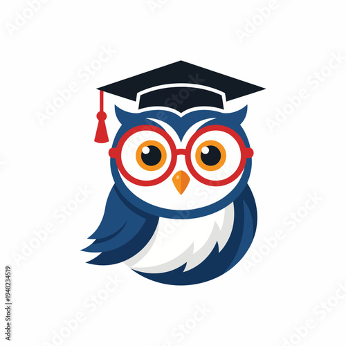 A whimsical owl wearing a graduation cap and red glasses, symbolizing wisdom and education, perfect for academic themes, children’s literature, or tutoring services.