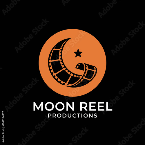 An artistic logo for a film production company, featuring a crescent moon and film reel, representing creativity and storytelling in the film industry.