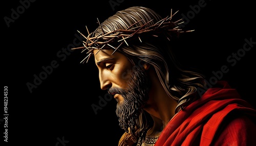 A close-up portrait of Jesus Christ wearing a crown of thorns and a red robe against a dark background.