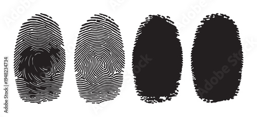 Black fingerprint vector set with loop and whorl patterns showing varying levels of ink density and texture