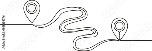 Continuous one line drawing of road path with map pin pointers, minimalist travel route vector illustration for navigation and logistics,