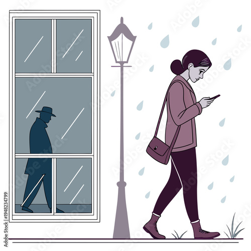 Woman walking alone on a rainy day looking at her phone