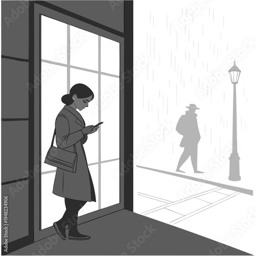 Woman in coat standing under an awning in the rain