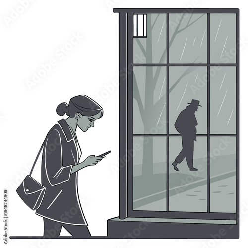 Woman looking at phone outside while man walks by