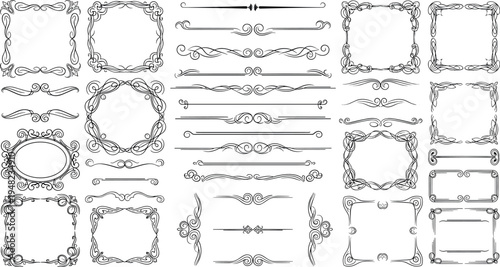 Vintage ornamental frames and decorative dividers set with elegant floral borders swirl flourishes classic engraving style vector collection