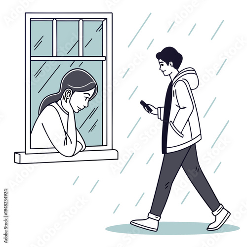 Man walking in rain while woman looks out window