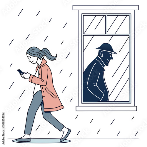 Woman walking past a window with a man looking out