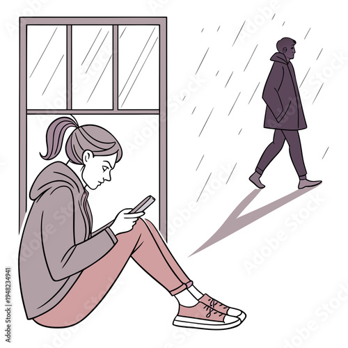 A girl sitting by a window while a person walks in the rain